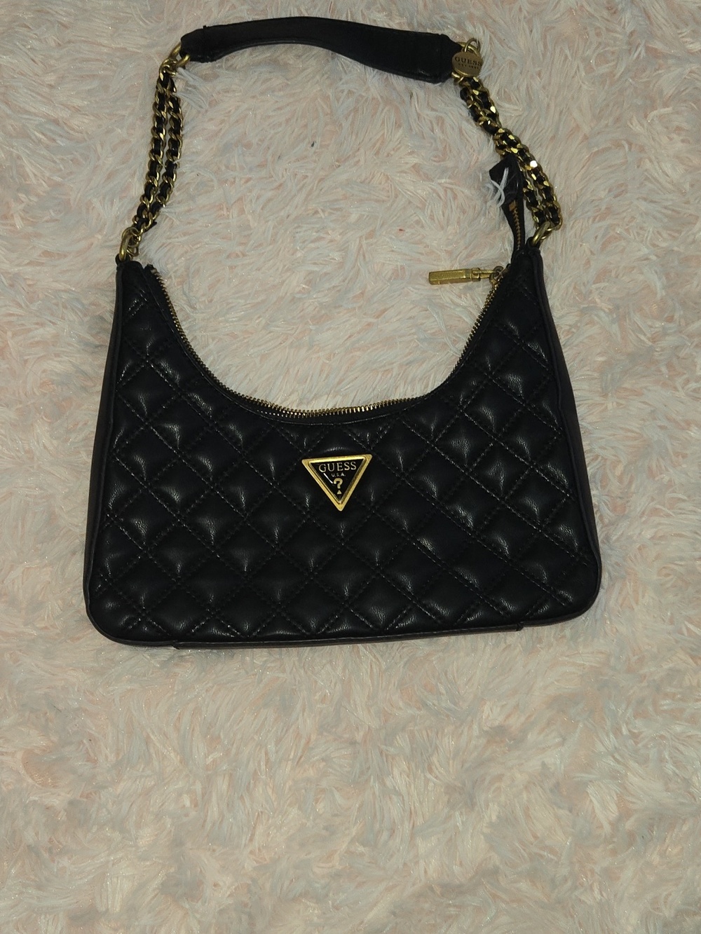 GUESS Black Quilted Leather Crossbody with Gold Hardware